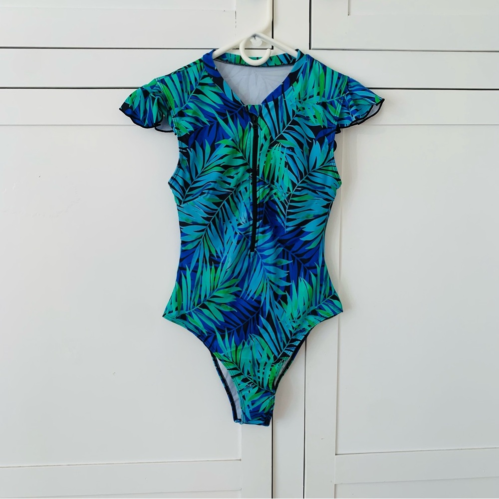 Shein Blue/Green Tropical Modest One Piece Zipper Swimsuit